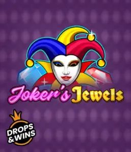 Discover the playful world of Joker's Jewels slot by Pragmatic Play, featuring a captivating joker's mask embellished with a vivid jester hat. This graphic evokes the fun and excitement of classic slots, set against a purple background. Perfect for fans of joker-themed slots, offering a delightful adventure. 