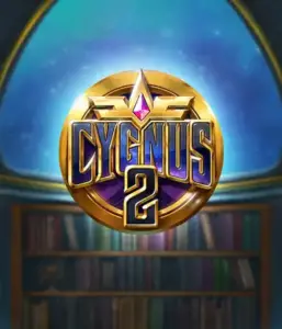 Experience the enchanting visuals of ELK Studios' Cygnus 2 Slot, showcasing a spectacular golden emblem with a bright design in purple and gold. Set against a mystical background of a library, this image conjures the essence of mystical exploration. 