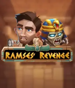 Uncover the thrilling world of the Ramses' Revenge game by Relax Gaming, highlighting a startled explorer and a fierce mummy against an Egyptian tomb backdrop. This graphic portrays the drama of ancient Egyptian myths, ideal for those interested in historical adventures, offering a thrilling adventure. 